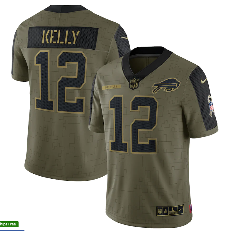 Men's Buffalo Bills #12 Jim Kelly 2021 Olive Salute To Service Limited Stitched